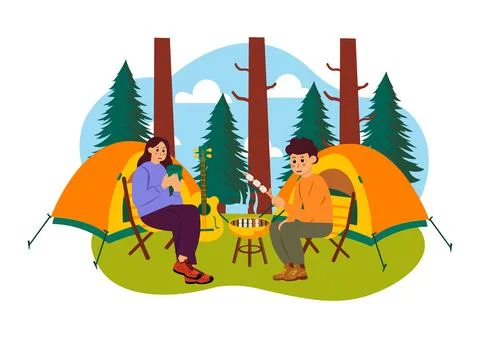 Camping Vector Illustration Featuring Friends Gathering Around a Campfire, .. Stock Illustration