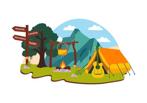 Camping Vector Illustration Featuring Friends Gathering Around a Campfire, .. Stock Illustration