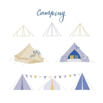Camping vector illustrations. Boho tent, line tipi for web about summer camp Stock Illustration