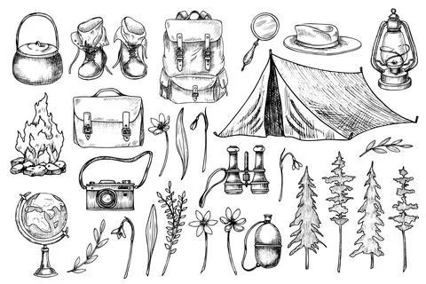 Camping vector set. Linear illustration of hiking equipment in outline style Stock Illustration