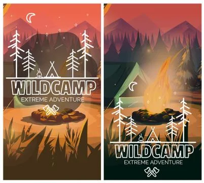 Camping vertical background poster with With tent, campfire , mountains and Stock Illustration