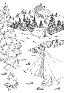Camping vertical graphic black white landscape sketch illustration vector Stock Illustration