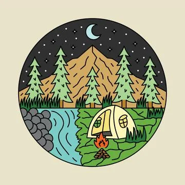 Camping with view of mountains and river graphic illustration vector art t-sh Stock-Illustration