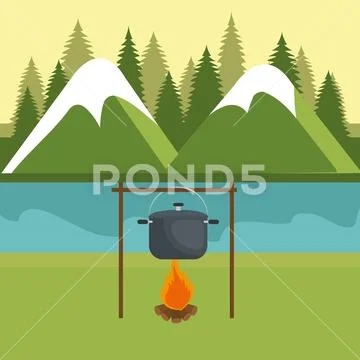 Camping zone with pot cooking and campfire Stock Illustration