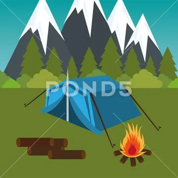 Camping zone with tent and campfire Stock Illustration