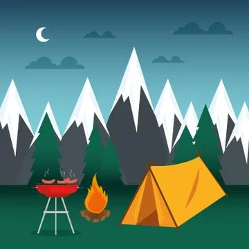 Camping zone with tent and campfire Stock Illustration
