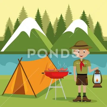 Camping zone with tent scene Stock Illustration
