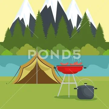 Camping zone with tent scene Stock Illustration