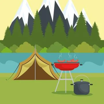Camping zone with tent scene Stock Illustration