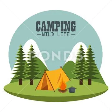 Camping zone with tent scene Stock Illustration