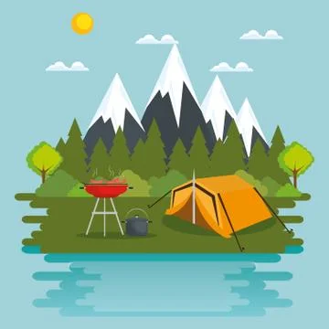 Camping zone with tent scene Stock Illustration