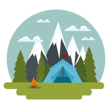 Camping zone with tent scene Stock Illustration