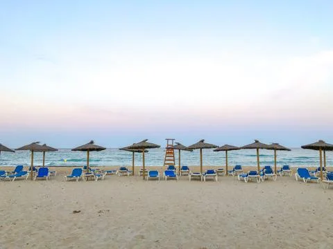 Campoamor sandy beach empty in the evening Stock Photos