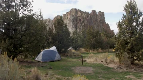 Campsite in Front of Towing Cliffs at Smith Rock State Park Oregon Stock Footage 131066328