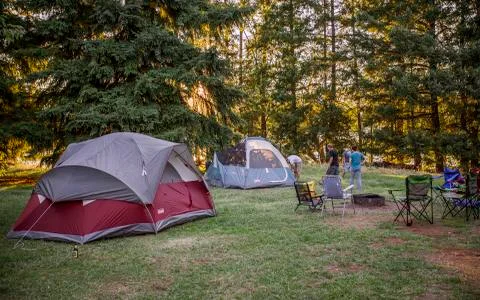 Campsite at sunset Stock Photos