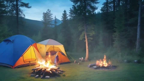 Campsite with a tent, campfire, and pine trees at dusk. Stock Footage 280528392