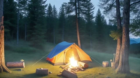 Campsite with a tent, campfire, and pine trees at dusk. Stock Footage 280528497