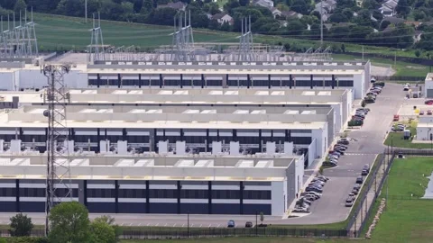Campus of data centers buildings from drone in Columbus, OH 2026 Stock Footage 340850690