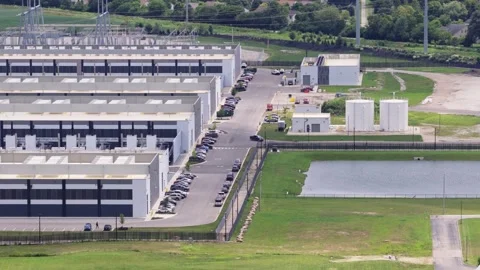 Campus of data centers buildings from drone in Columbus, OH 2026 Stock Footage 340850732