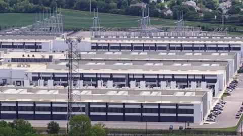 Campus of data centers buildings from drone in Columbus, OH 2026 Stock Footage 340850763