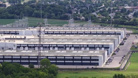 Campus of data centers buildings from drone in Columbus, OH 2026 Stock Footage 340850884