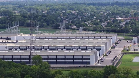 Campus of data centers buildings from drone in Columbus, OH 2026 Stock Footage 340850888