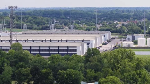Campus of data centers buildings from drone in Columbus, OH 2026 Stock Footage 340850990