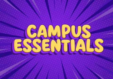 Campus essentials text in comic style on a purple pop art radial background Illustrazione stock
