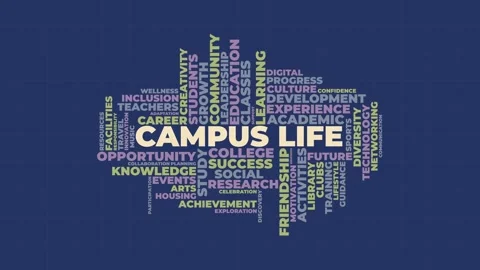 Campus Life Word Cloud Typography Graphic on Blue Grid Background 库存影片 341737919