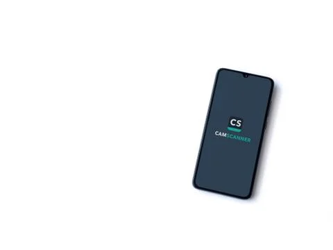 CamScanner app launch screen with logo on the display of a black mobile smart Stock Photos