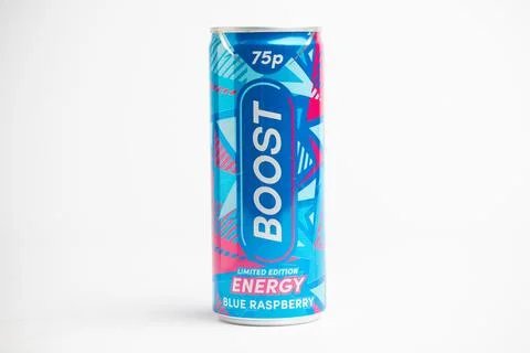 A Can of Boost Energy Blue Raspberry against a White Background Stock Photos