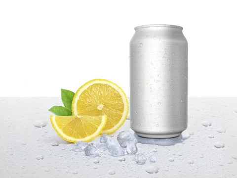 Can of cold beverage, ice cubea and pieces of juicy lime.Summer refreshing dr Stock Photos