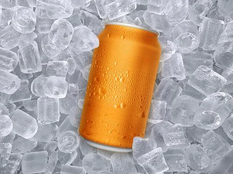 Can of cold beverage, ice cubea of juicy. Summer refreshing drink Stock Photos