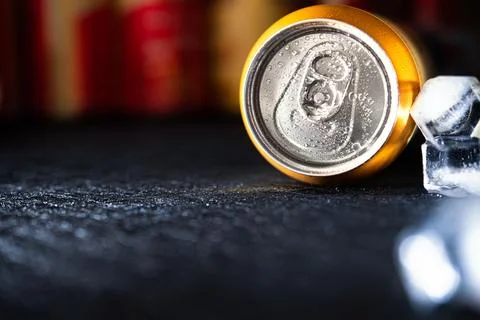 Can of cold refreshing beer or other beverage with drops Stock Photos
