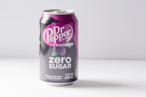 A can of Dr Pepper Blackberry Zero Sugar soda on a white background Stock Photos