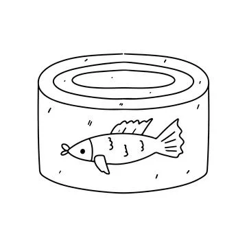 Can of fish. Hand drawn doodle style. Vector illustration isolated on white.. Stock Illustration