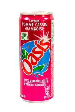 Can of Oasis apple blackcurrant raspberry flavour, isolated on a white backgroun Stock Photos