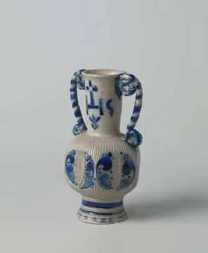 Can or jug with hexagonal belly and monogram iHS. Can or jug of stoneware.... Foto stock