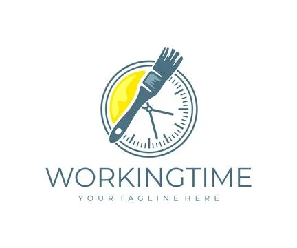Can with paint and brush, clock with arrows, work and working time, logo Stock Illustration