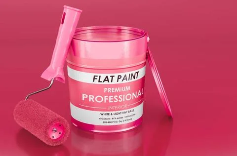 Can with paint and roller brush in trending viva magenta colors, 3D render... Stock Photos