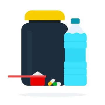 Can of protein, a plastic measuring spoon, vitamins in capsules and a bottle of Stock Illustration