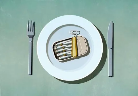 Can of sardines on plate Ilustração Stock