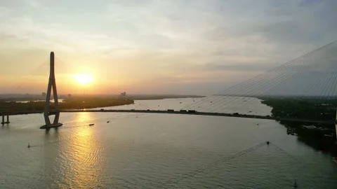 Can Tho bridge, Can Tho city, Vietnam, aerial view sunset sky Stock Footage 203923258