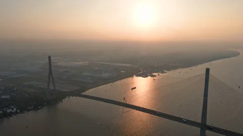 Can Tho cable-stayed bridge beetween Vinh Long city and Can Tho city Stock Footage 299982891