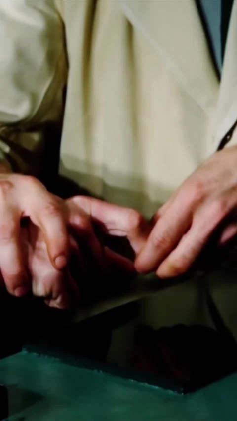 CANADA - 1951 - A man demonstrates how to ink a man's disabled finger to lift Stock Footage 339114356