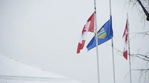 Canada, Alberta Flags flying on small town Main Street Stock Footage 10755746