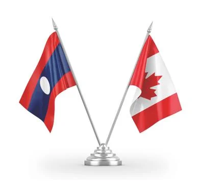 Canada and Laos table flags isolated on white 3D rendering. Stock Illustration