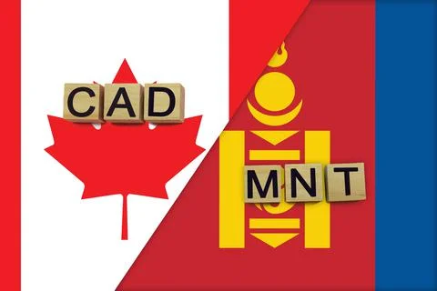 Canada and Mongolia currencies codes on national flags background Stock Illustration