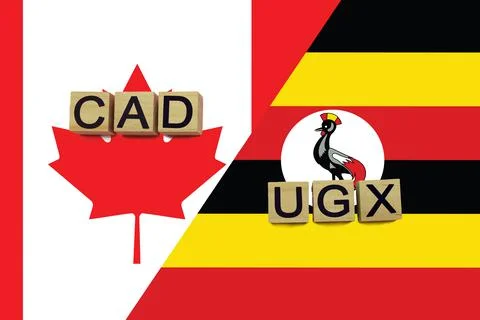Canada and Uganda currencies codes on national flags background Stock Illustration
