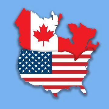 Canada and USA map made with flags cut out on blue background 스톡 일러스트